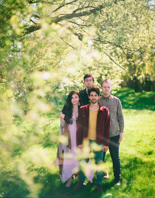 Banda musical de quatro integrantes em meio à natureza com roupas retrô