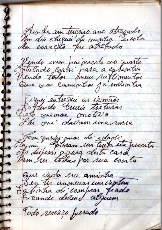 Página digitalizada de um dos cadernos escritos por Pedro Braga em 1988, exemplo do tensiosamento entre tradição oral e cultura escolar.